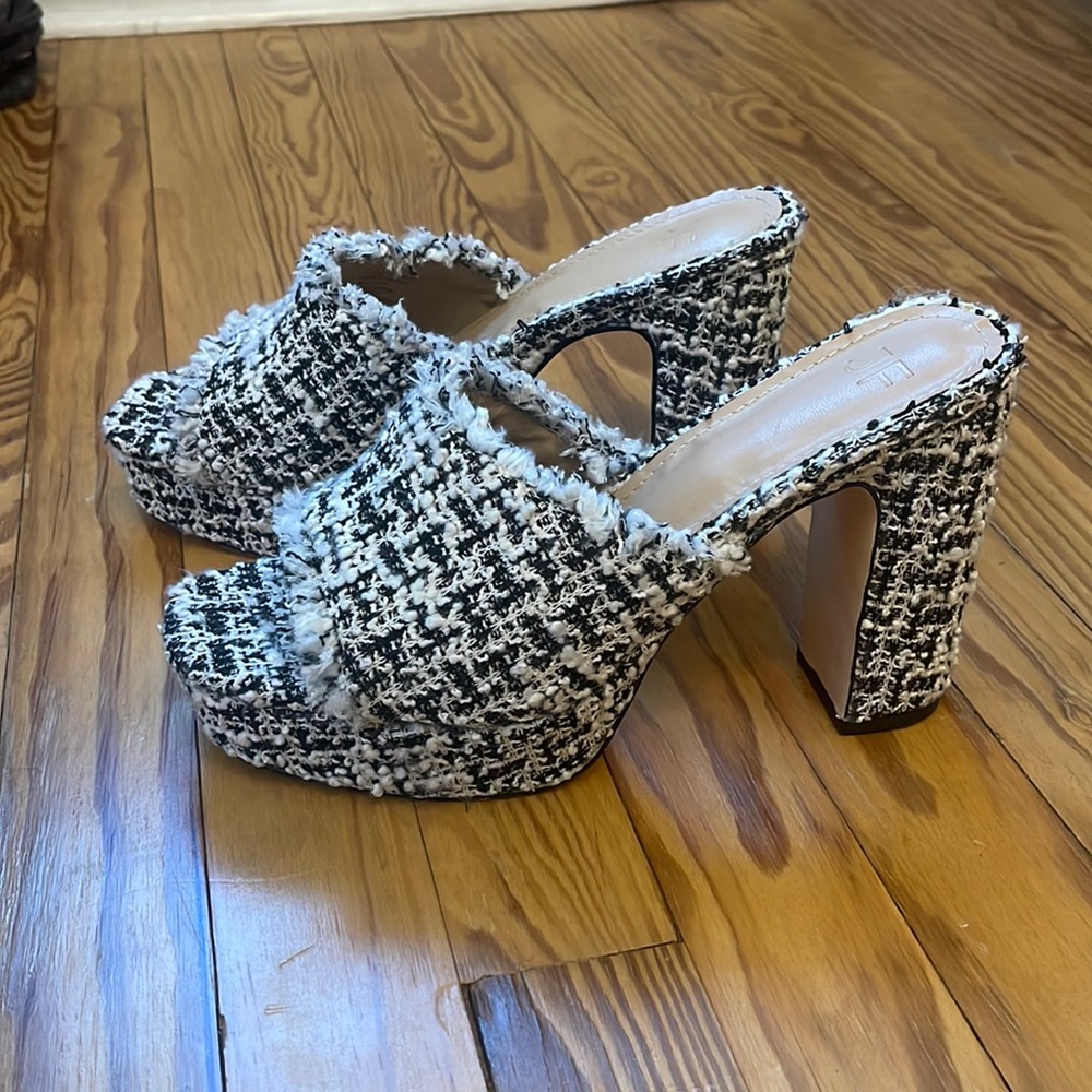 Black & White Tweed Platform Heel Mules